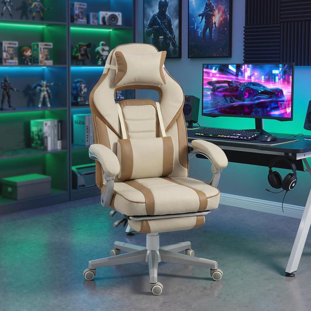 Reclining Gaming Chair, Adjustable Height, Footrest, Lumbar Support, Headrest, Cream