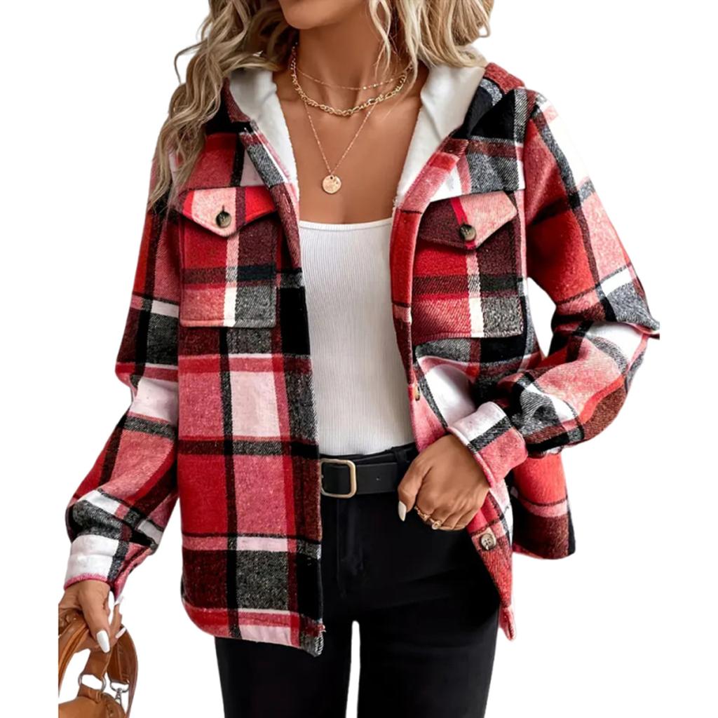 Women's Fashion Casual Loose-Fitting Long-Sleeved Plaid Print Hooded Jacket Baseball Jacket