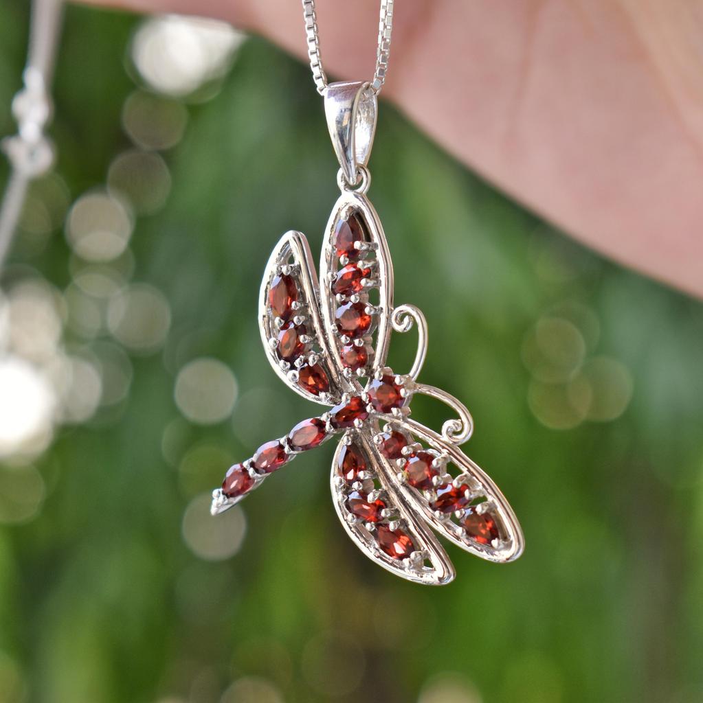 Natural Garnet Dragon fly Pendant, 925 Sterling Silver jewelry, Garnet Charm, Gift for her, Birthday gift