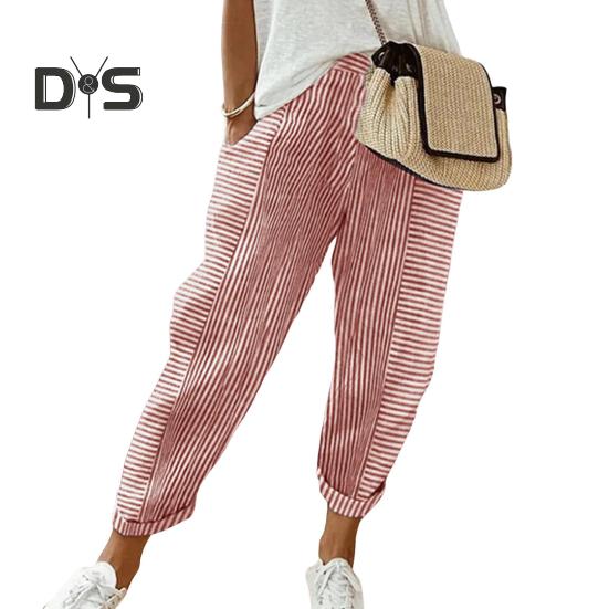 Женские повседневные брюки с эластичной талией и средней посадкой, летние жаккардовые длинные брюки с карманами, полосатые брюки свободного кроя