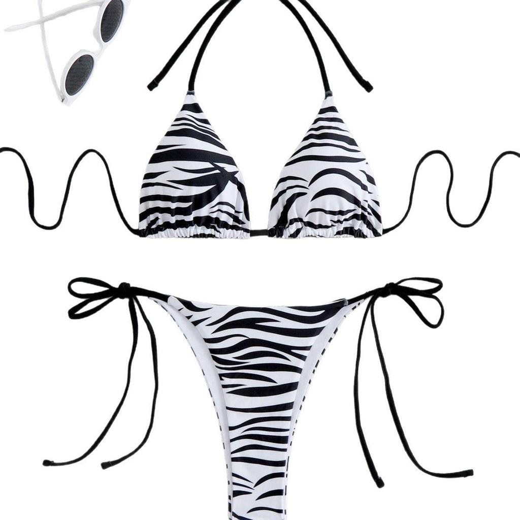Zebra Print Lace-Up Halter Neck Bikini Swimsuit 2025