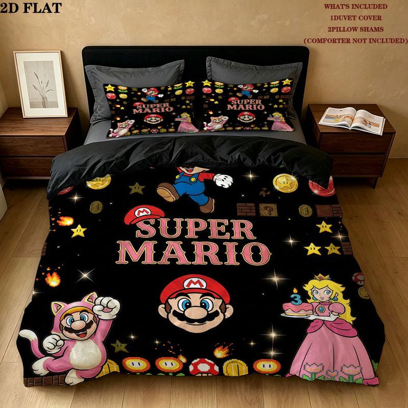 Super Mario Pattern Bedding Quilt Set Quilt Cover Pillowcase Home Birthday Gift(1 * duvet cover + 2 * pillowcase, without core)