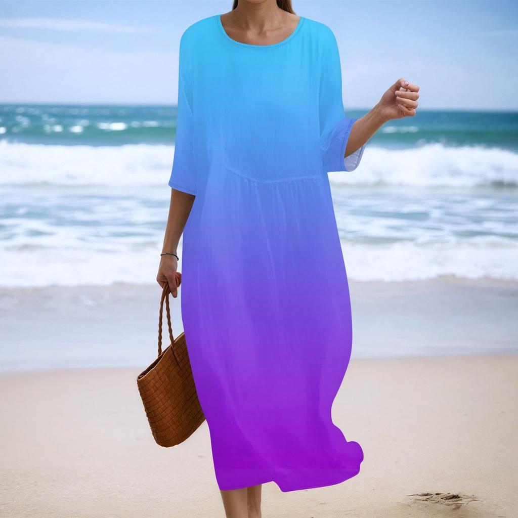 Women's Fashionable Printed Round Neck Seven Quarter Sleeve Loose Dress