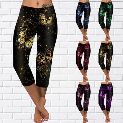Брюки Летние желтые короткие леггинсы с бабочками, укороченные узкие брюки, леггинсы больших размеров, женские брюки с тремя бабочками, укороченные брюки