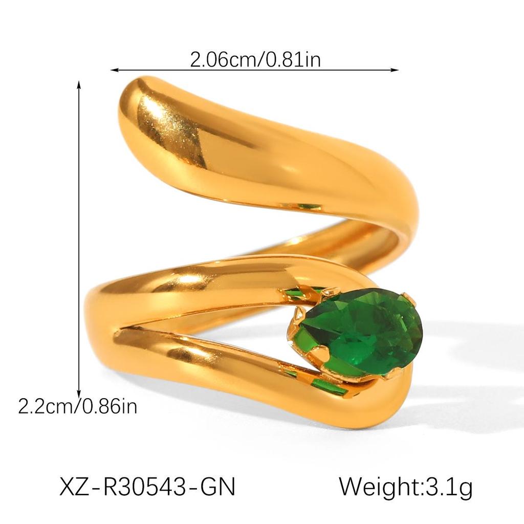 Retro Green Gemstone Zircon Stainless Steel Open Ring for Women