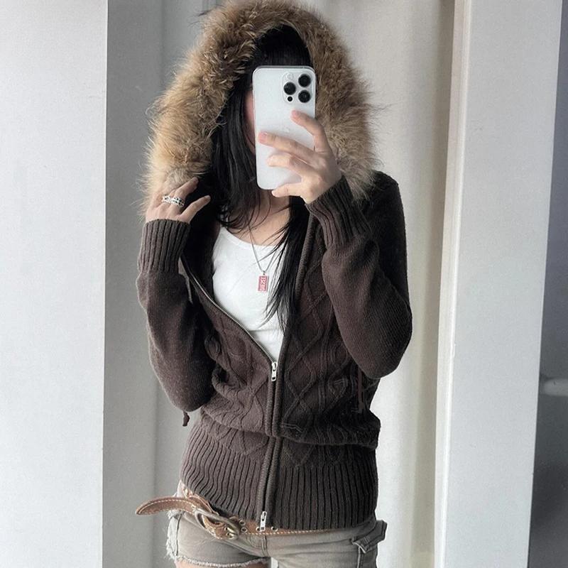 Furry Hooded Knitwear Hoodies Y2k Streetwear Full Sleeve Zip-up Women's Sweatshirts Korean Fashion Outwears Ladies