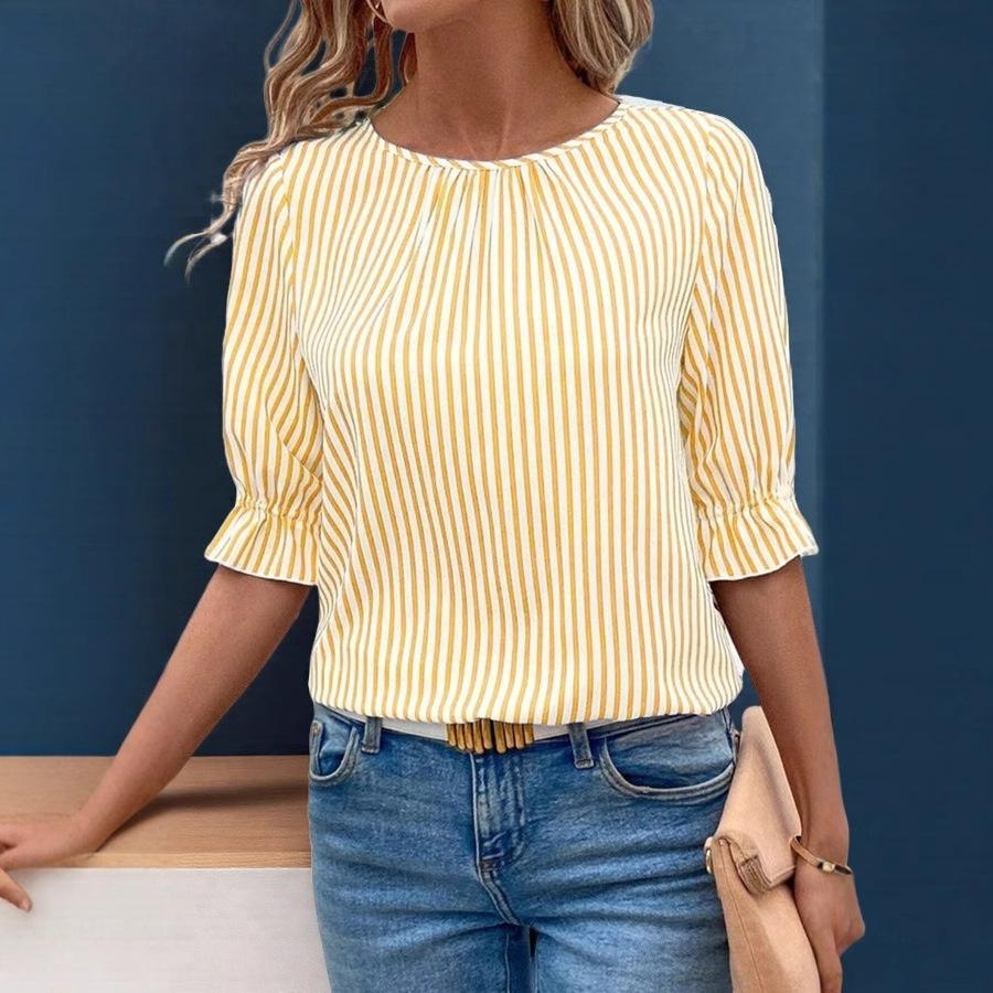 Spring and Summer Lotus Leaf Sleeve Five Quarter Sleeve Top with Back Button Design and Striped Women's Blouses & Shirts