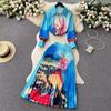 Autumn Holiday Blue Gradient Color Flower Printing Two Piece Set Women Long Sleeve Shirt Top + Pleated Mid-Calf Skirt Suits