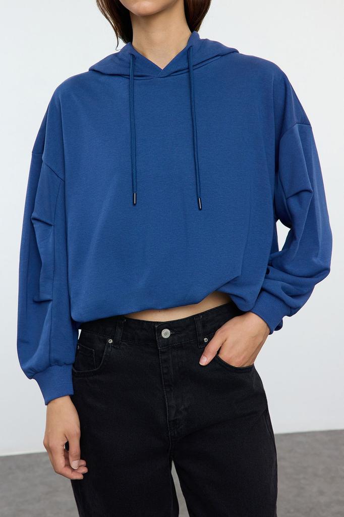 Женская модная стильная толстовка цвета индиго, толстый флисовый свитер с капюшоном, непринужденный удобный крой, вязаная толстовка