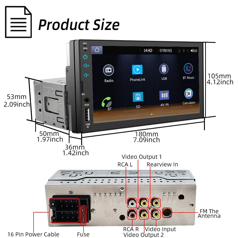 HIPPBQCC Автомагнитола 7" 1 Din Carplay Android Auto Мультимедийный плеер HD Сенсорный экран FM AUX Вход Bluetooth MirrorLink Универсальный
