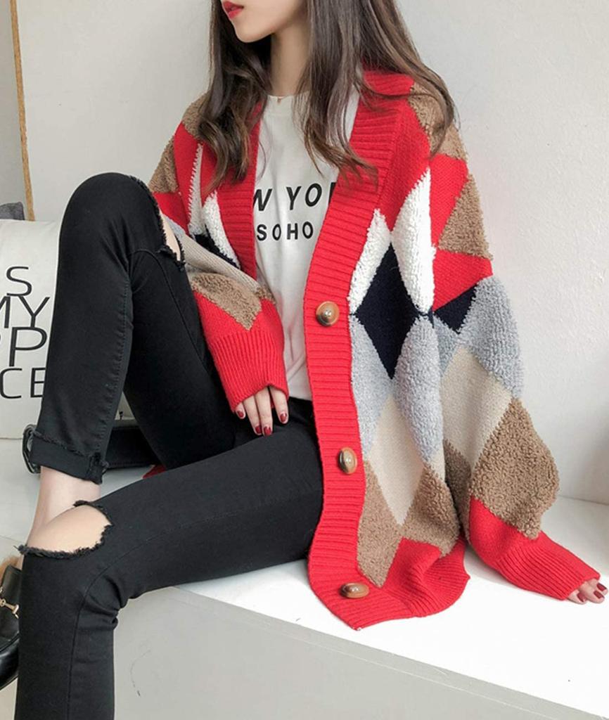 Анри Пушистый Аргайл Толстый Теплый и Один Размер Подходит Корейский Короткий Длинный Длинный Рукав Взрослый Пуховик Легкий Боа Длинный Школьный Кардиган, Верхняя одежда,