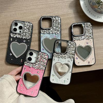 Чехол для мобильного телефона Rhinestone Love Mirror для IPhone17promax Кожа для Apple 16 Женская модель 15 Индивидуальность