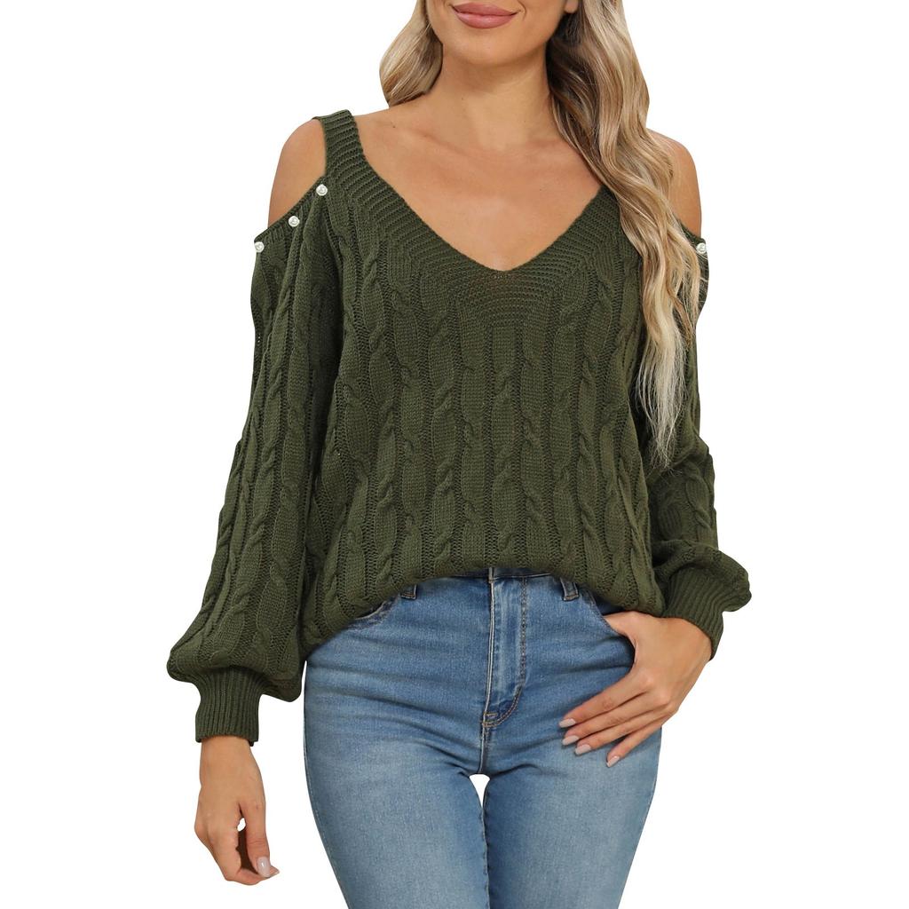 Women's Casual Fashion Comfortable Deep V Sexy Off-shoulder Loose Pullover Sweater Ladies Tops