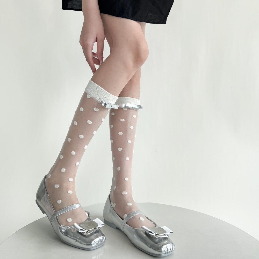 Black White Nylon Long Socks Stockings Women Ultra-thin Transparent Polka Dot Crystal Silk Socks Cute Bow Sweet Girls Knee Socks