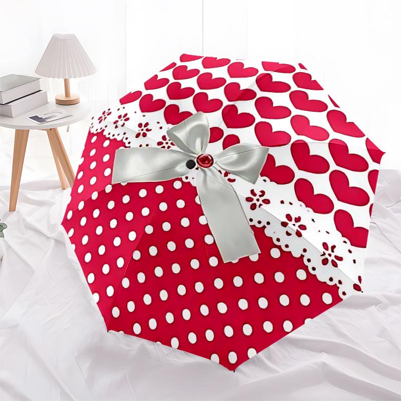 1pc Heart Print Bow Pattern Automatic Folding Umbrella, Casual Outdoor Accessory, Birthday Festival Gift yy251126106