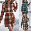 Autumn and Winter Casual Checkered Fake Pocket Long-sleeved Lace-up Woolen Shirt Dress for Women Dress