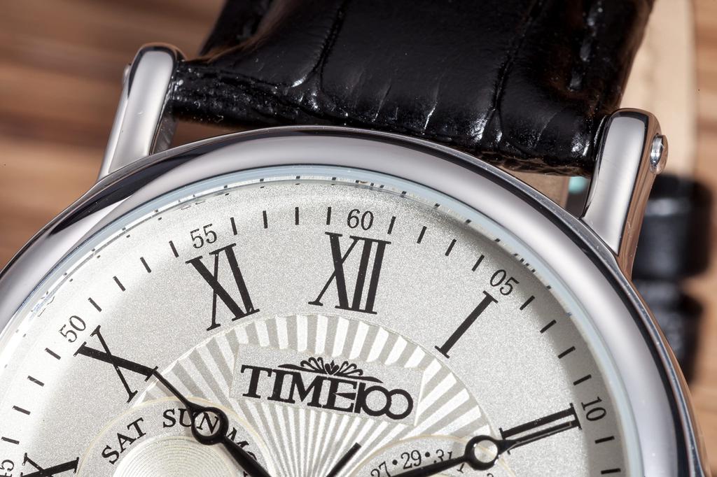 Популярные наручные часы Time100 с датой, днем недели, японским механизмом, черным кожаным ремешком, для офисных работников, для взрослых, белые
