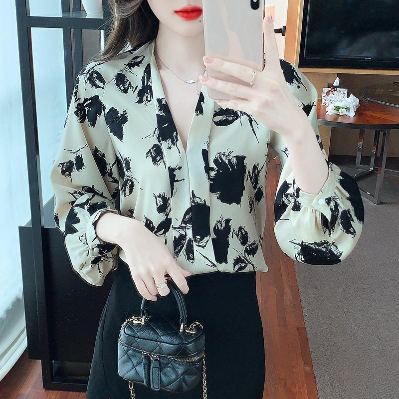 Осенняя мода 2024 года, шифоновая блузка с длинным рукавом и V-образным вырезом для офиса, женская рубашка с принтом, женские топы, блузки, рубашки J498