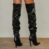 Модные эластичные сапоги выше колена, женские модные туфли с острым носком, черные с боковой молнией, тонкие высокие каблуки, женские блестящие плиссированные сапоги на высоком каблуке