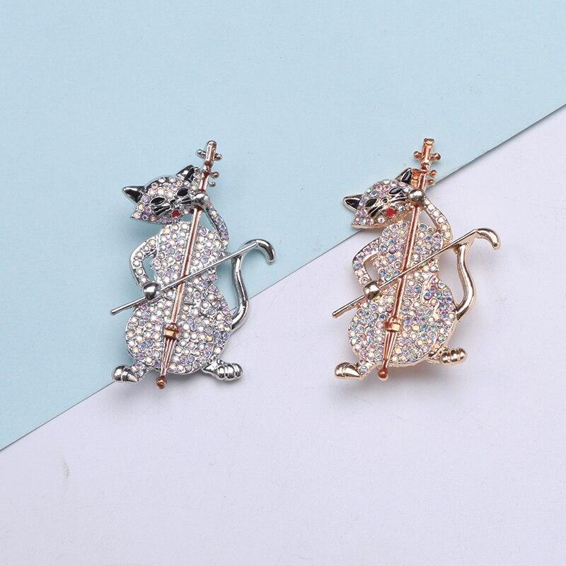 Blucome Cat Playing The Violin Shape Brooches for Women Girls Simulated Zircons Gold Color Jewelry Pins