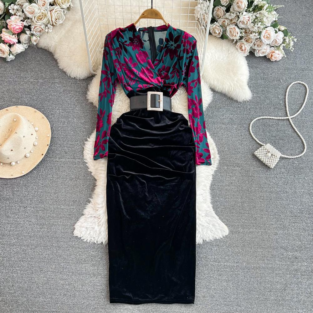 Autumn New Style of Celebrity Temperament V Neck Bronzing Printing High Waist Fold Stitching False Two Bag Hip Dress