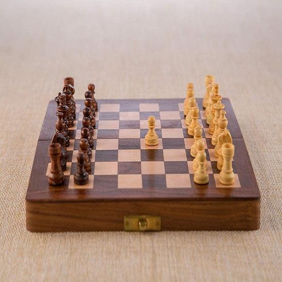 Wood Magnetic Chess Set with Folding Board and Chess Pieces Handmade Chess Board Set, Magnetic Chess Boards (7x7 In)