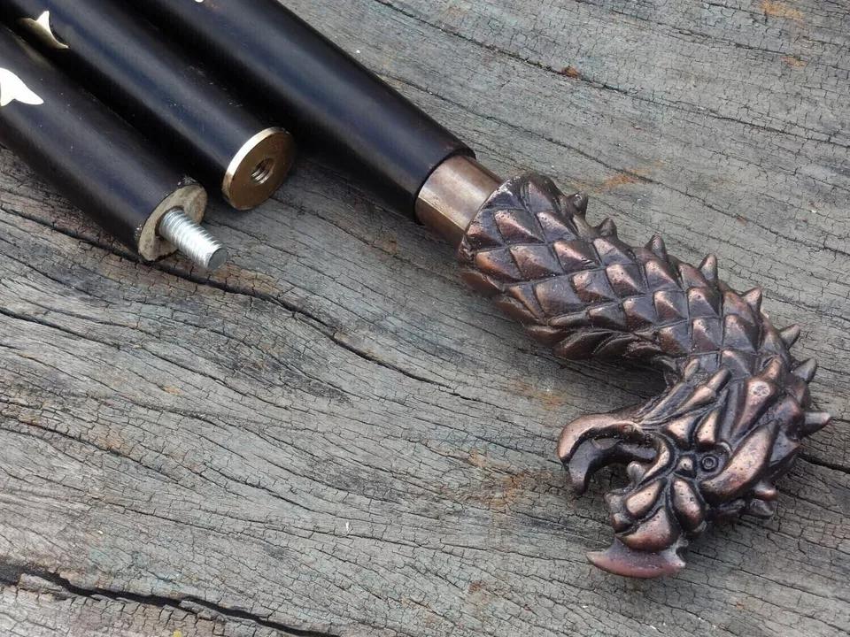 Antique Dragon Head Handle Vintage Style Wooden Walking Stick Designer Cane