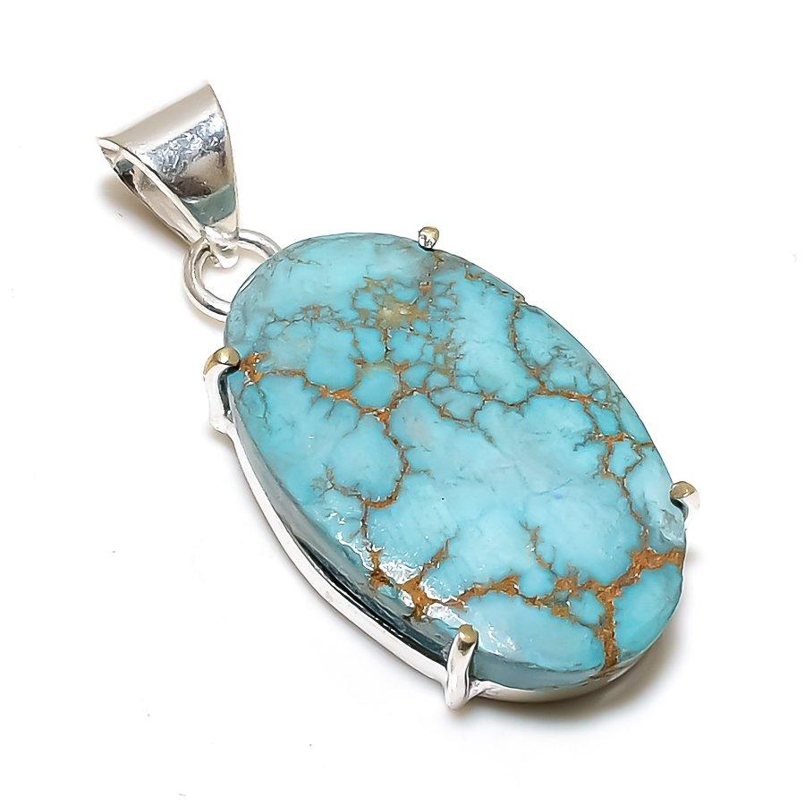 Tibetan Turquoise Gemstone 925 Solid Sterling Silver Jewelry Pendant 1.77" SU-10226