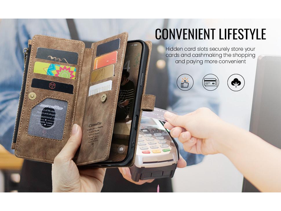 Кожаный чехол-кошелек для Apple 16 Pro Max с отделениями для нескольких карт, ремешком на руку и функцией подставки.