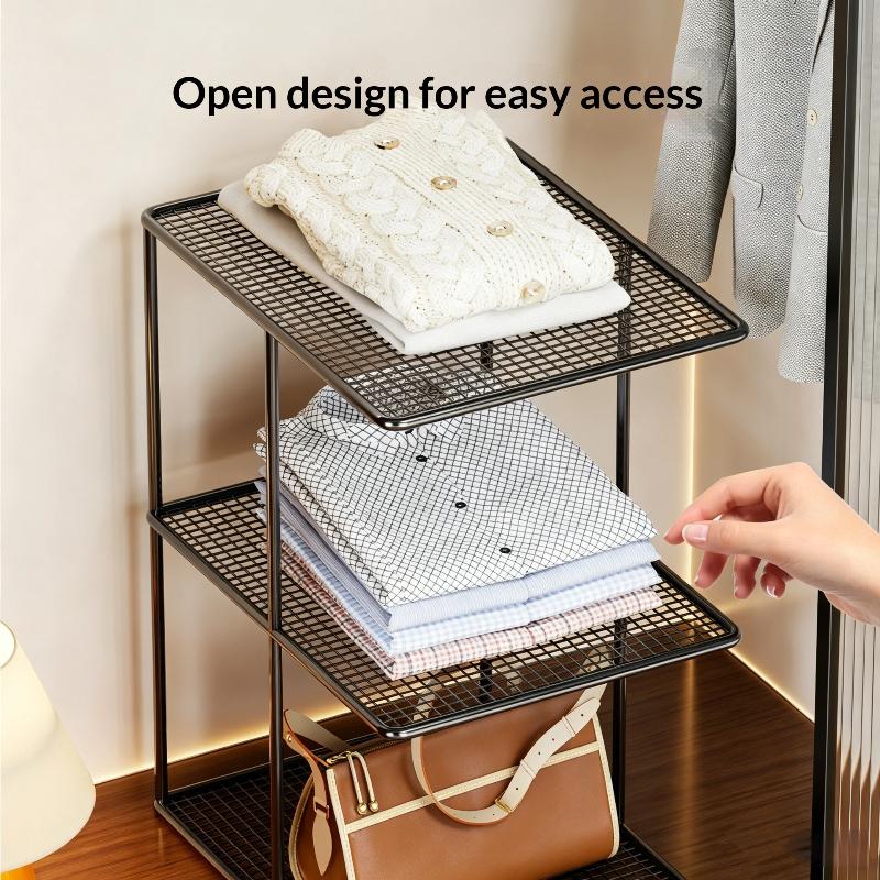 Stackable Metal Mesh Closet Shelf Organizer Multi Tier Storage Rack For Wardrobe Cabinet