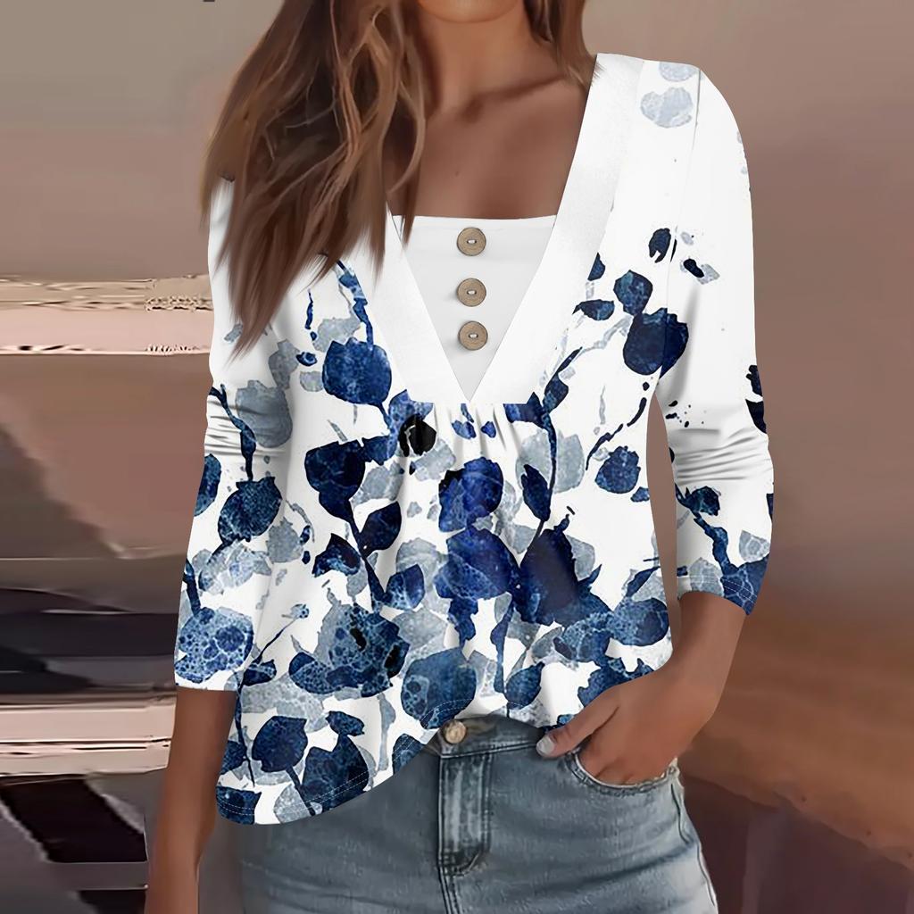 Women's Fashion Casual Long Sleeve Shirt Floral Printed Button V Neck Up Tops
