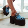 Gdgydh Women's Closed Toe Platform Mules High Heels Backless Slip On Slides Mules Shoes Denim Fashion Buckle Chunky Heel Blue