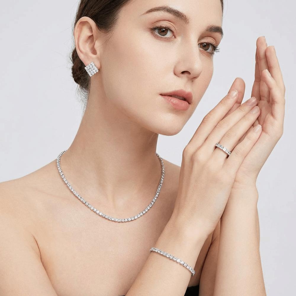 4Pcs Multilayer Necklace Bracelet Earring Ring Set Shiny Rhinestone Choker Bridal Jewelry Set Women