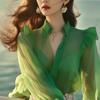 Mint Mambo Style Chiffon Shirt V-neck Chiffon Shirt Chic Style Fashionable Super Fairy Sun Protection Beautiful Shirt