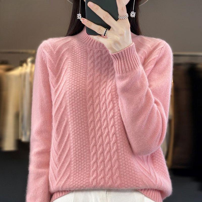 Зимний вязаный женский розовый свитер, толстый вязаный базовый свитер с витым цветком