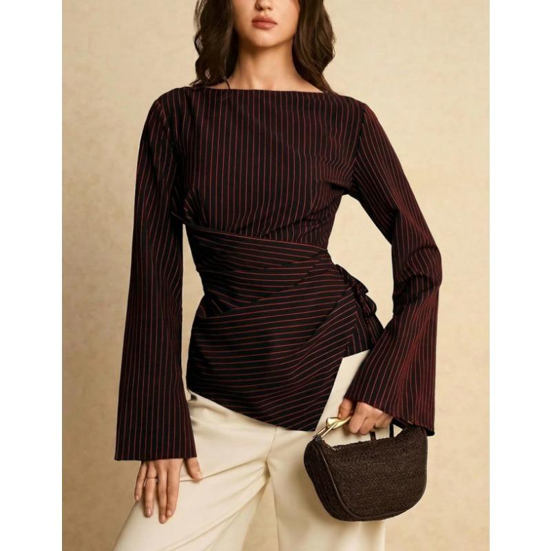 Women S Long Sleeve Striped Irregular Waist Design Shirt