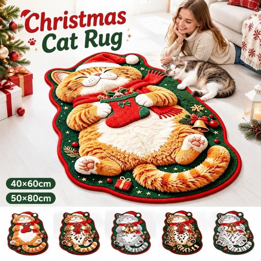 Red and Green Cat Shaped Area Rug Christmas Theme Pattern Faux Cashmere Rug for Living Room