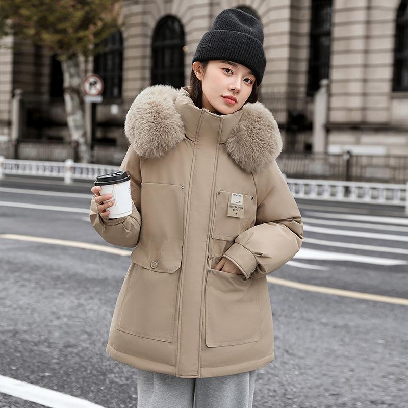 Pie Overcome Women's Winter New Korean Version Waist Thin Hooded Big Fur Collar Velvet Cotton Jacket Cotton Coat
