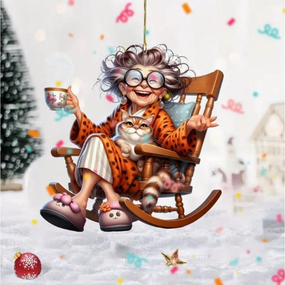 New 2D Flat Acrylic Flat Cartoon Grandma Pendant, Keychain Decoration Car Pendant