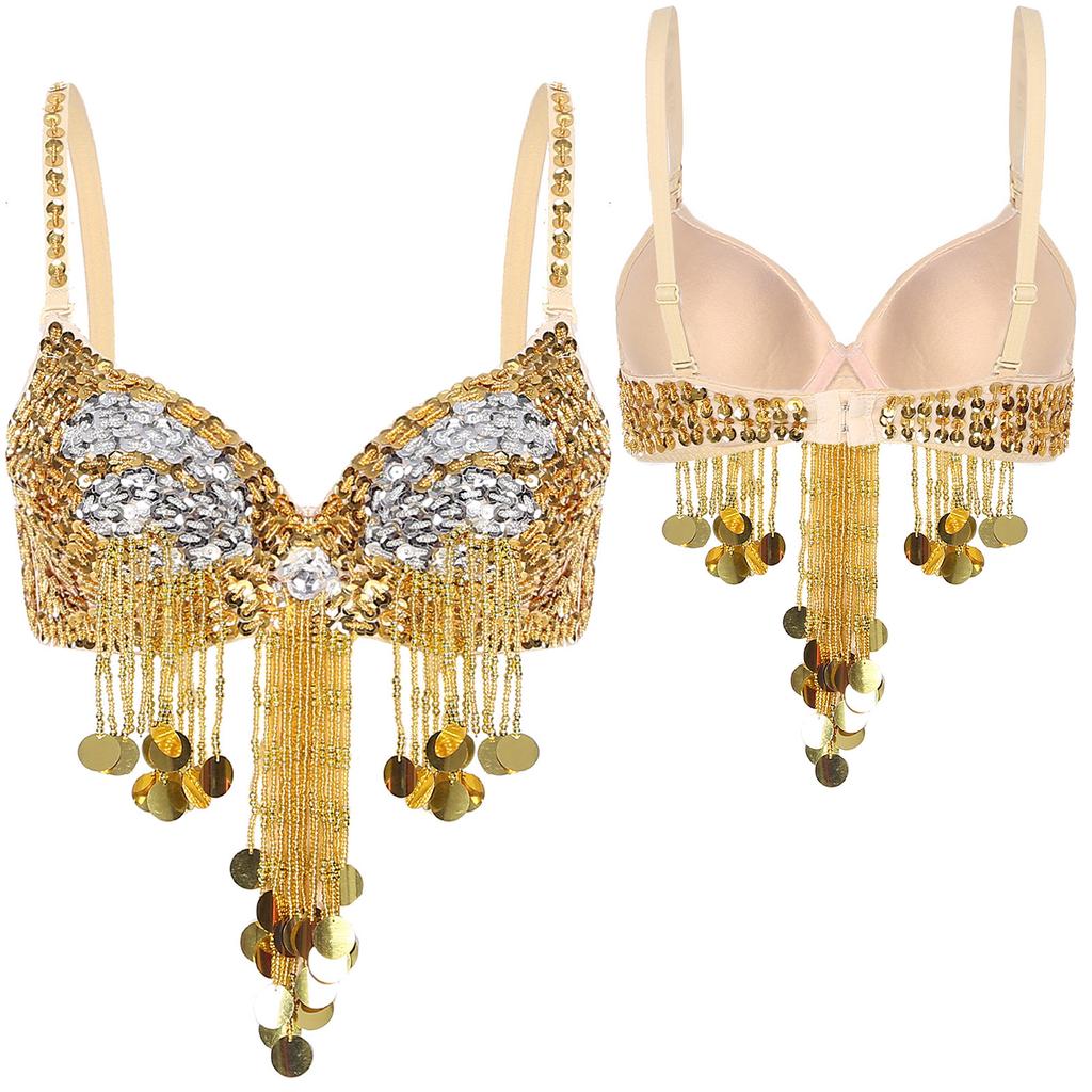 Women Music Festival Club Dancing Costume Shiny Belly Dance Bra Tops Tassel Sequined Costume Carnival Outfit Dancewear