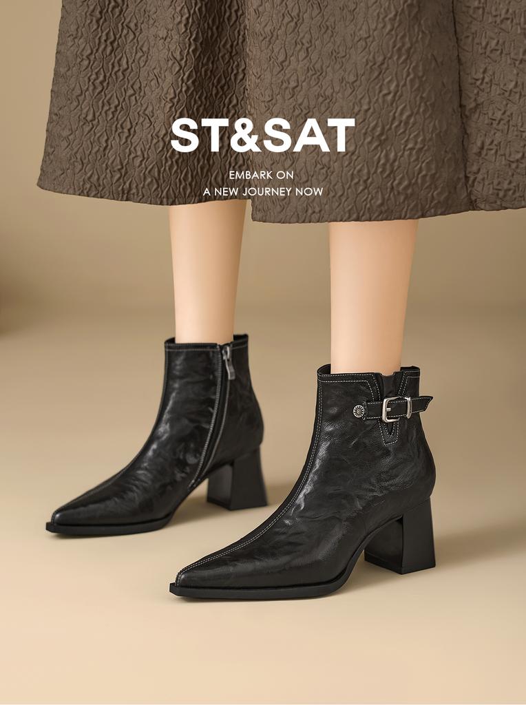 St&Sat/Saturday Belt Buckle Thick Heel Short Boots - Autumn/Winter Fashion