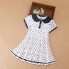 Girls' Printed Polo Dress with Navy Collar Short Sleeve A-Line Dress with Monogram Pattern Kids White Summer Dresses