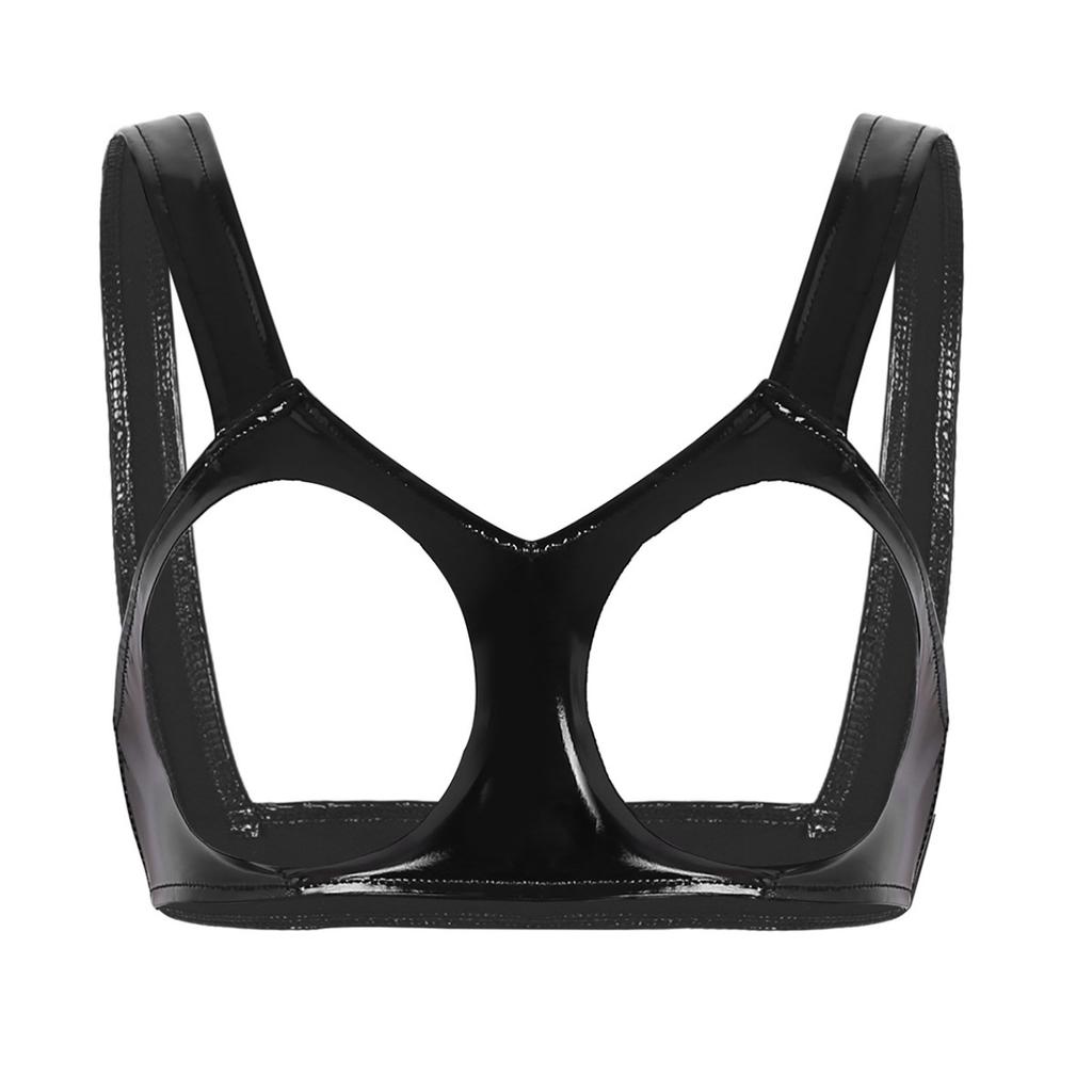 Женский кожаный бюстгальтер без косточек из ПВХ с мокрым эффектом, беспроводной бикини, бюстгальтер, ночное белье, укороченные топы на бретелях