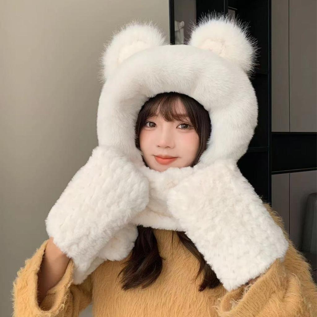 Шапка-медведь для женщин на осень и зиму Осенне-зимний плюшевый комплект из трех предметов: шапка, шарф, перчатки с завязками на шее и защитой ушей