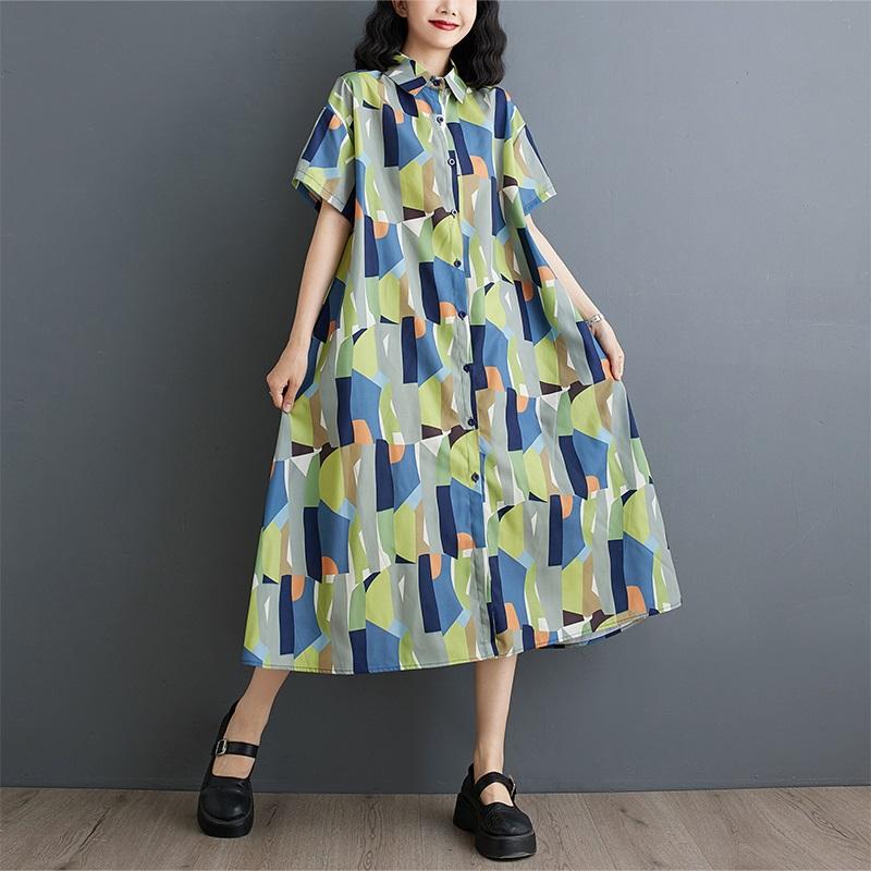 Новое винтажное платье с цветочным принтом больших размеров с коротким рукавом для женщин, повседневное свободное длинное летнее платье-рубашка