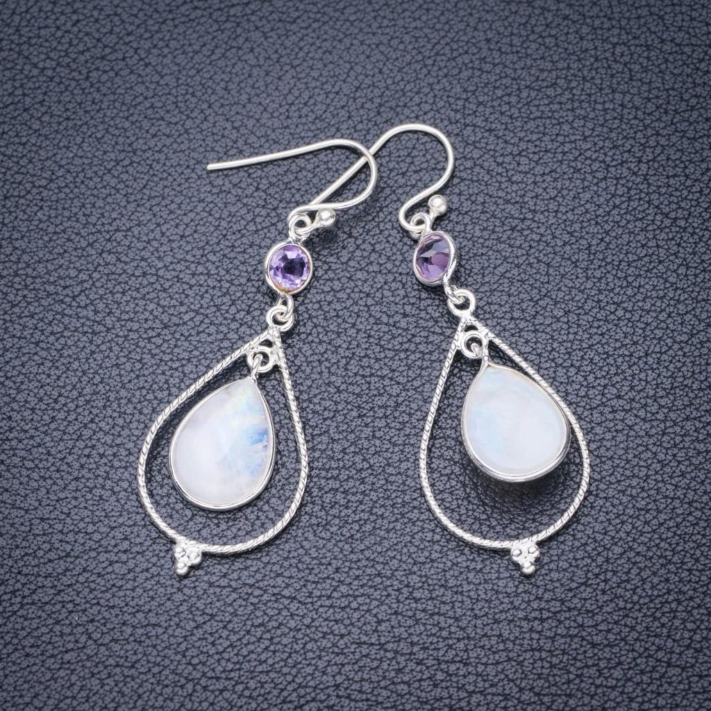 STARGEMS ® Серьги ручной работы из стерлингового серебра 925 пробы с натуральным лунным камнем и аметистом 2 дюйма E5613