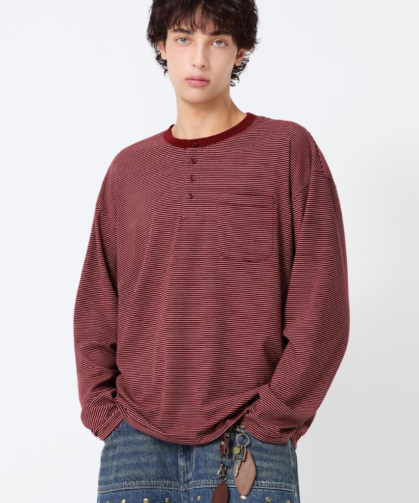 TRILLION Thin Stripe Pocket Henley Neck Long Sleeve_4Color