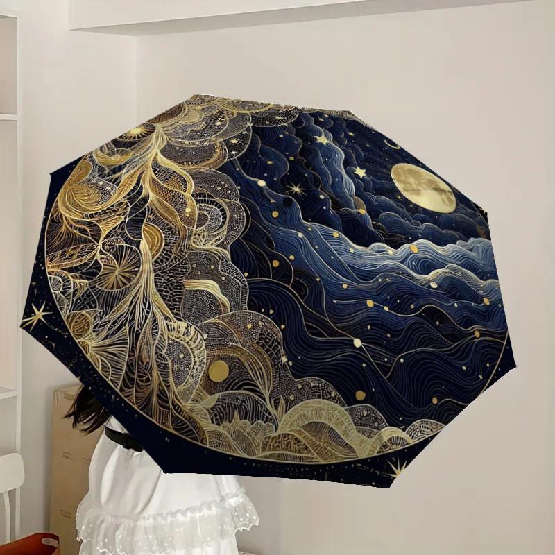 1pc Golden Celestial Waves Umbrella with Plastic Handle,Suitable for All Seasons Home Travel Outdoor UmbrellaDD1727