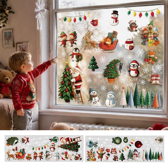 Removable Wall Stickers for Bedroom 2Pcs Christmas Static Window Cling Stickers, PVC Snowman Penguin Reusable Smooth Surfaces Bell Decals Glass,