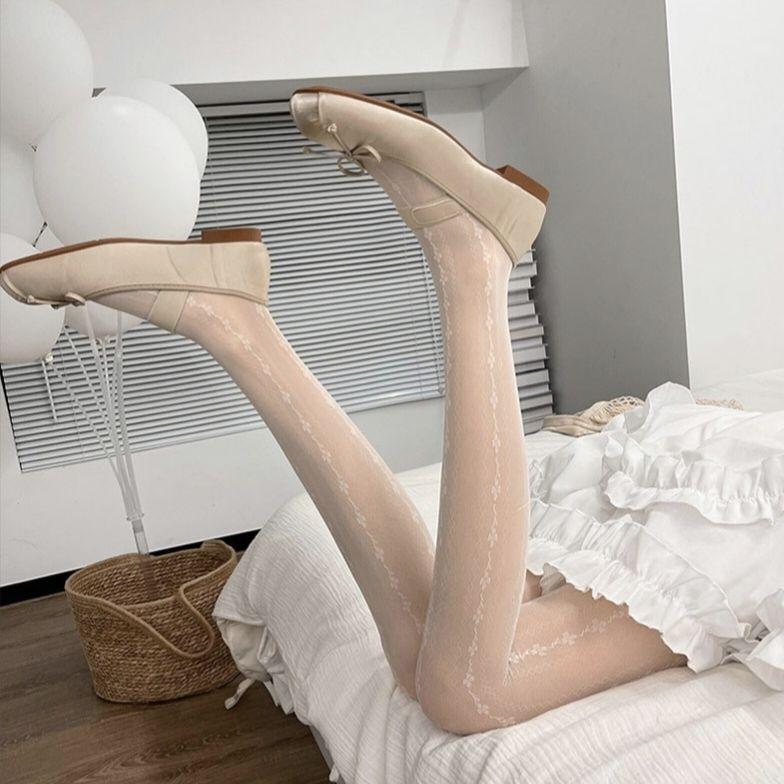 Японский стиль Вертикальная полоска Цветочные чулки Универсальные колготки Девичьи Тонкие черные чулки Сексуальный черный шелк